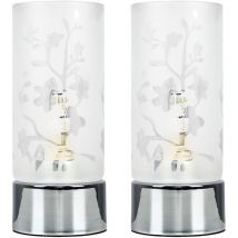 Pair Of Floral Design Glass Polished Chrome Touch Table Lamps