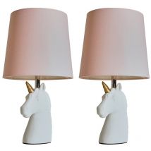 2 x White & Gold Ceramic Unicorn Table Lamps Pink Light Shade - Add LED Bulb
