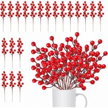 20 pcs Baies Rouges de Noël Artificielles Branches de Baies Rouges Baies de Houx Artificielles Fausses Baies Rouges en Plastique Tige Baies Rouges
