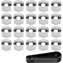 Roleader - 20 Pièces 19mm Capuchon d'écrou de Roue de Voiture Cache-écrous Bouchon d'écrou de Roue Couvre avec Ensemble Outil de Suppression Argent