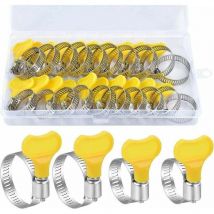 XVX - 20 Stück verstellbare Schlauchklemmen, 16–25/19–29 mm, Edelstahl-Schlauchklemmen mit gelbem drehbarem Griff, Box für Waschmaschinen,