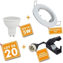 Lot de 20 Spot encastrable fixe complet blanc avec GU10 led de 5W eq 40W Température de Couleur: Blanc Chaud 3000K
