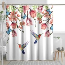 200 X 230 Cm Duschvorhang Mit Blumen- Und Vogelmotiv, Aquarell-blumenmuster In Pastellfarben, Wasserdichtes Polyestergewebe Für Badezimmer, Inklusive 