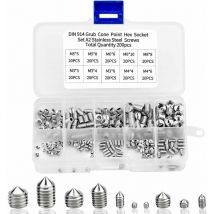 200pcs Vis Pointeau Vis Sans Tête Hexagonale , M3 M4 M5 M6 M8 Tête Conique Acier Inoxydable 304, Vis de pression,Kits de Vis à Six Pans Creux Coupelle