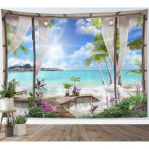 200x150cm Tapisserie Murale Océan turquoise Tenture Murale plage Couverture Murales Paysage de l'île tropicale depuis le balcon Tapisseries