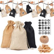24 Calendrier de l'Avent-Sac en Tissu,24 Numérique Autocollants,DIY Noël Cadeaux Sacs à,Pendentifs de décorations Sacs, Rangement de Petits Objets Sac