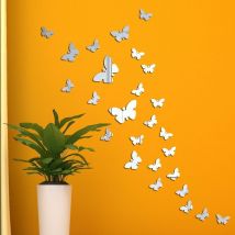 25 Pièces Sticker Mural Papillon 3D, Acrylique Miroir Décalques Autocollant Miroir Sticker- Silver