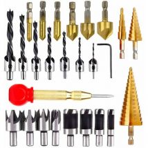Debuns - 26 outils de forage pour le travail du bois,y compris 6 forets à fraiser,7 forets à trois pointes avec clé en L,8 coupe-bouchons à