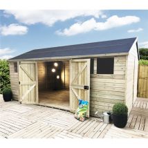 Marlborough - 26 x 15 Reverse Premier Pressure Treated T&g Apex Shed / Workshop With Higher Eaves & Ridge Height 6 Windows & Double Doors (12mm T&g