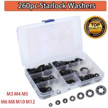 260pcs Starlock Disque sécurité Rondelle plate Rondelles d'arrêt M3-M12 Noir