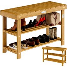 2en1 Meuble à chaussures et banc en bois d'acacia robuste étagère à chaussures 2 tablettes avec banc rangement armoire xl - 90x32x46cm (de)