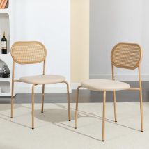 2er-Set Esszimmerstühle aus Stoff mit bequemer Rattan-Rückenlehne, geeignet für Küche, Restaurant und Bar – Beige