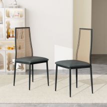 2er-Set Esszimmerstühle aus Stoff mit bequemer Rattan-Rückenlehne, Holzbeine – geeignet für Küche, Esszimmer und Bar – Schwarz