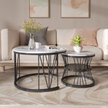 Eifson - 2er-Set runder Satz-Couchtische, Metallstruktur, Marmorfurnier, moderner Couchtisch, 70x70x45 cm, 45x45x40 cm - Schwarze Struktur + Weiße