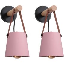 Axhup - 2er Wandleuchte aus Holz Innen, Moderne Wand Lampe mit Leder Lampenschirm, Eisen Wandbehang Lampe für Schlafzimmer Wohnzimmer Korridor (Rosa)