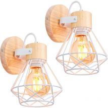 2PCS Applique Murale En Métal Applique Murale Rétro Applique En Bois Applique D'Intérieur Blanc E27 Applique Moderne Lampe Murale Cage En Diamant