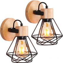 2PCS Applique Murale En Métal Applique Murale Rétro Applique En Bois Applique D'Intérieur Noire E27 Applique Moderne Lampe Murale Cage En Diamant