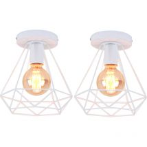 2PCS Lampada da Soffitto Industriale Gabbia Diamante in Metallo Retrò Lampadario E27 per Balcone, Corridoio, Ingresso Bianco