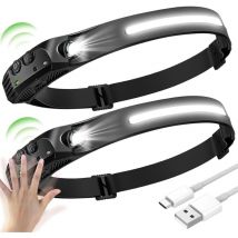 2PCS led Lampe Frontale, led Frontale cob+xpe 5 Modèles, led Lampe Frontal à Capteur, Lampe Frontale à led Etanches usb Rechargeables, Frontale led