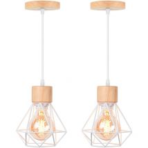 Axhup - 2PCS Pendant Light in Cage Diamond Made of Metal E27 Ceiling Light in Wood for Kitchen Island Dining Room White
