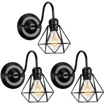 Axhup - Wall Lighting Fixture, Vintage Metal Wall Lamp with Cage, Black Metal Wall Sconce for Indoor Bedroom Living Room - 3X Diamond Shape Cage
