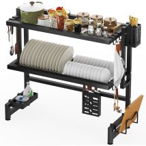 2‐stöckiger Geschirrständer & Küchenregal Über Der Spüle Aus Carbonstahl, Mit Messerhalter, Schneidebrett‐ständer Und Haken, Platzsparend & Stabil Für