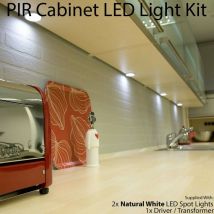 2x aluminium Ultra-Slim Round Under Cabinet Kitchen Light & Driver Kit - auto on / off pir - Natural White led