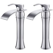 2X Auralum Rubinetto Bagno Lavabo Cascata Cromato, Miscelatore Alto Altezza Bocca 223mm per Lavabo Appoggio in Ottone, Rubinetti Monocomando Moderno,