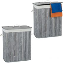 2x Bamboo Laundry Baskets, Clothes Container, 2 Compartments, 95 l, Rectangular Hamper, 63x55x105 cm, Grey - Relaxdays