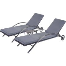 2x Chaises longues HHG-284 en polyrotin, noir, coussins gris foncé