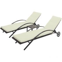 Hegele - 2x Chaises longues HHG-284 en polyrotin, brun, coussins crème-beige