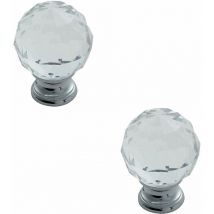 Loops - 2x Faceted Crystal Cupboard Door Knob 40mm Dia Polished Chrome Cabinet Handle