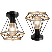 2X Industrial Ceiling Light Retro Vintage Ceiling Lights 20CM Diamond Metal Cage Chandelier Hemp Rope Ceiling Light For Living Room Bedroom Black