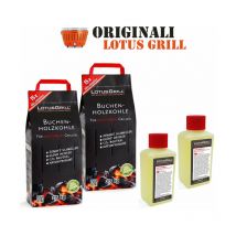 Lotus Grill - 2x LotusGrill charbon de bois de hêtre 2,5 kg sac incl. 2x LotusGrill pasta 200ml, tous deux conçus pour les raucharmes de barbecue