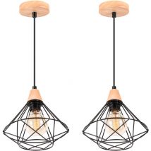 2x Lustre Suspension Cage Design en Métal et Bois Rétro Lampe Plafonnier Luminaire pour Chambre Couloir Escalier Noir