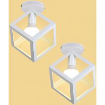 2x Plafonnier Industrielle Cage Cube Carré en Métal Fer Rétro lustre Suspension Luminaire E27 Blanc