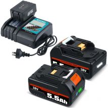 Pdstation - 2X pour Makita 18V Li-ion batterie de rechange 5.5Ah lxt BL1850B BL1860B BL1860 BL1850 et chargeur DC18RF 14,4V18V DC18RC