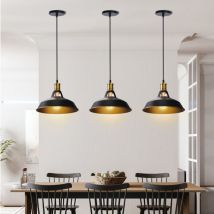 Vintage Pendant Light, Antuique Hanging Light with Dome Metal Lampshade, Retro Industrial Chandelier for Kitchen Island Ø27cm Black, 3PCS