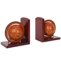 2x serre-livres HHG-526, globe terrestre, mappemonde, marron
