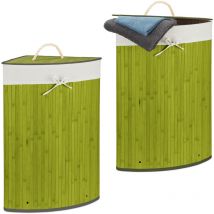 Relaxdays - 2x Cesta Porta-Biancheria Angolare in Bambù, 60 l, Pieghevole, con Coperchio, Sacco, 65,5x49,5x37 cm, Verde
