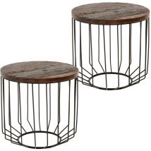 Womo-design - Table d'Appoint Ronde Set 2x -Ø50 cm- Bois Massif Ancien Naturel - Cadre Métallique Noir - Table Basse en Osier - Design Géométrique et
