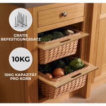 Monster Shop - 3 X Ausziehbare Schrankkörbe Weidenkörbe Küchenkörbe Rattan Unterschrank Buche 500mm