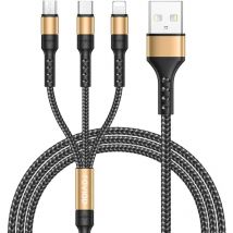 3 en 1 Câble Universel [1.3M] Multi usb Câble de Chargement en Nylon avec Micro usb Type c Lightning Câble pour iPhone, Samsung Galaxy, Huawei, Honor.