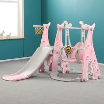 3 en 1 Toboggan et Balançoire pour enfants avec support de basket-ball,Toboggan de jardin,Grande aire de jeux intérieur et extérieur,Rose