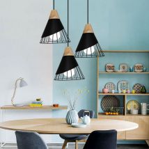 3 Lampes E27 Suspension Luminaire en Disque Lustre Plafonnier en Forme Badminton Lustre d'Intérieur en Métal et Bois pour Cuisine Salon Chambre Noir