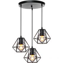 3 Luci Lampada a Sospensione, Mini Plafoniera con Gabbia in Metallo Diamante E27 Lampadina Nero