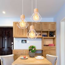 3 Luci Lampadario Industriale Lampada a Soffitto con Paralume a Diamanti in Metallo e Legno E27 per Soggiorno Cucina Camera da Letto Bianco