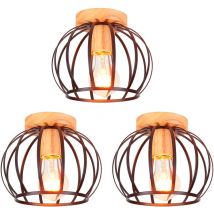 3 Pack Ceiling Light Vintage Retro in Wood Metal Ceiling Lamp E27 with Round Lampshade for Corridor Stairs Entrance Bedroom Black