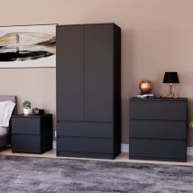 3 Piece Denver Bedroom Set, 2 Drawer Large Bedside Chest, 3 Drawer Chest, 2 Door 2 Drawer Wardrobe, Black