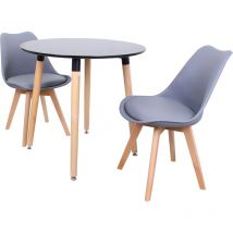 Life Interiors - Halo Round Lorenzo Dining Set - a Black Wooden Dining Table and Set of 2 Grey Polypropylene Dining Chairs - Dining Room Kitchen
